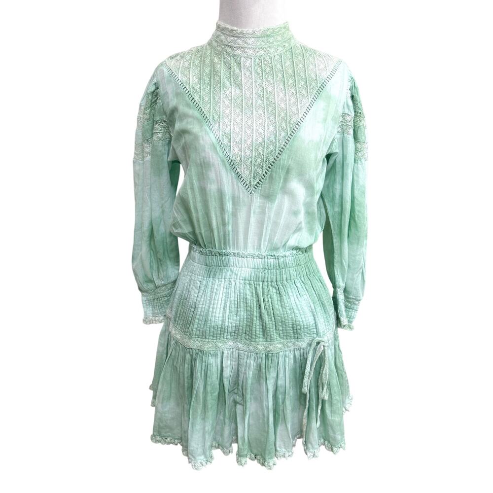 LoveShackFancy Puff Sleeve Ruffle Mini Dress S Green Tie Dye Cottage Boho Beach